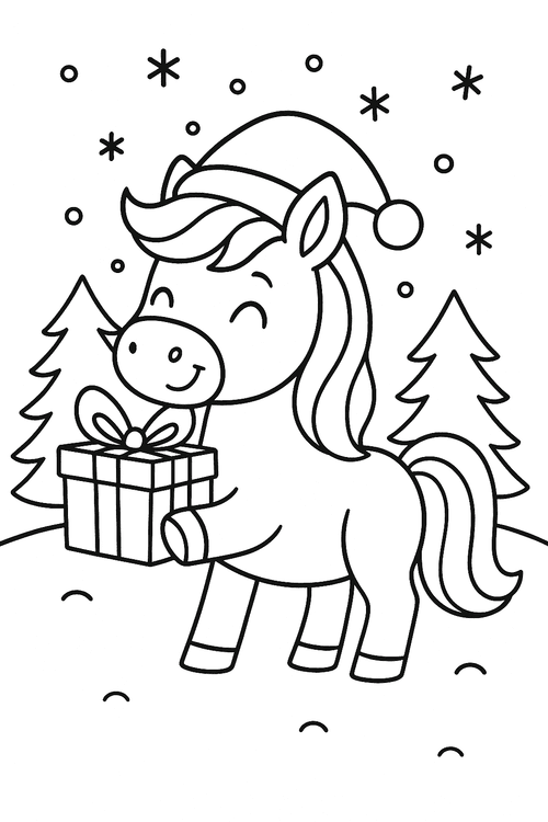 Malvorlage Pony zu Weihnachten mit Mütze oder Geschenk im Schnee