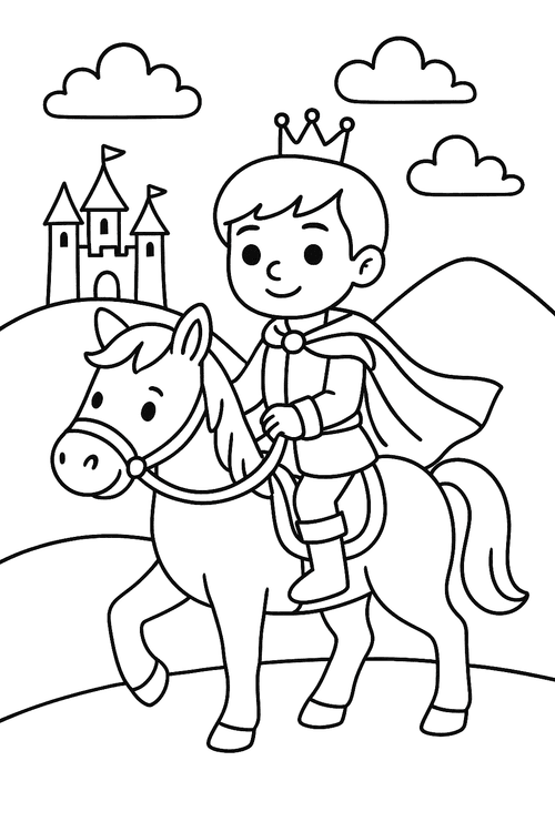 Ausmalbild Prinz auf einem weißen Pferd in einer märchenhaften Landschaft