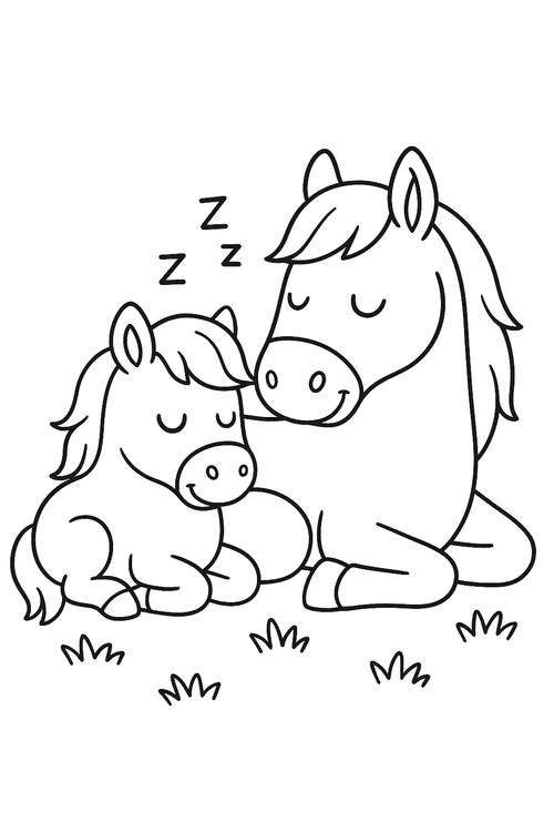 Malvorlage: Schlafendes Pony und Pferd liegen nebeneinander auf einer Wiese, kindgerechtes Ausmalbild