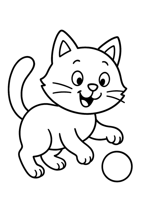 Ausmalbild Katze spielt mit Ball – kindgerechte Malvorlage einer Katze, die mit einem Ball spielt