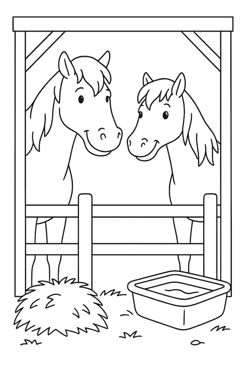 Malvorlage: Amadeus und Sabrina stehen zusammen im Stall, umgeben von Heu und Detail-Elementen für Kinder zum Ausmalen.