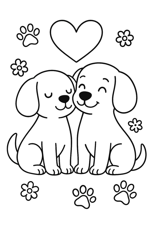 Detailliertes Ausmalbild von zwei verliebten Hunden mit großem Herz für Kinder