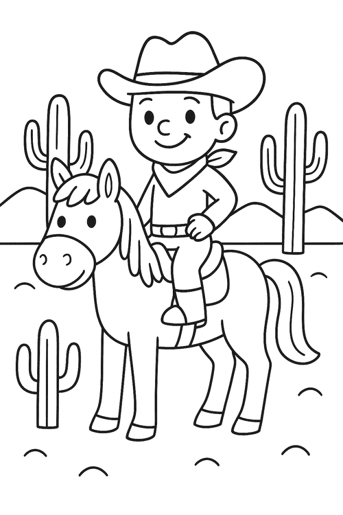 Ausmalbild: Westernpferd mit Cowboy für Kinder – Malvorlage im Westernstil