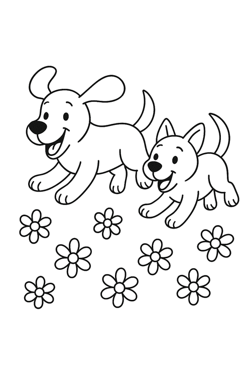 Ausmalbild: Zwei Hunde tollen über eine Wiese