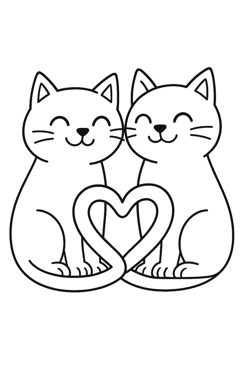 Ausmalbild von zwei verliebten Katzen, die ein Herz mit ihren Schweifen formen